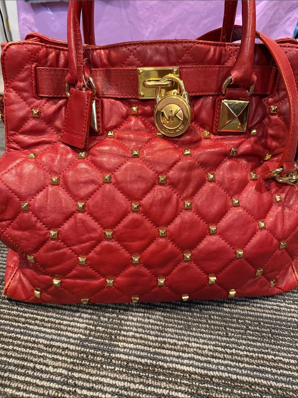 Michael Kors Red Quilted Studded Satchel with Gold Hardware